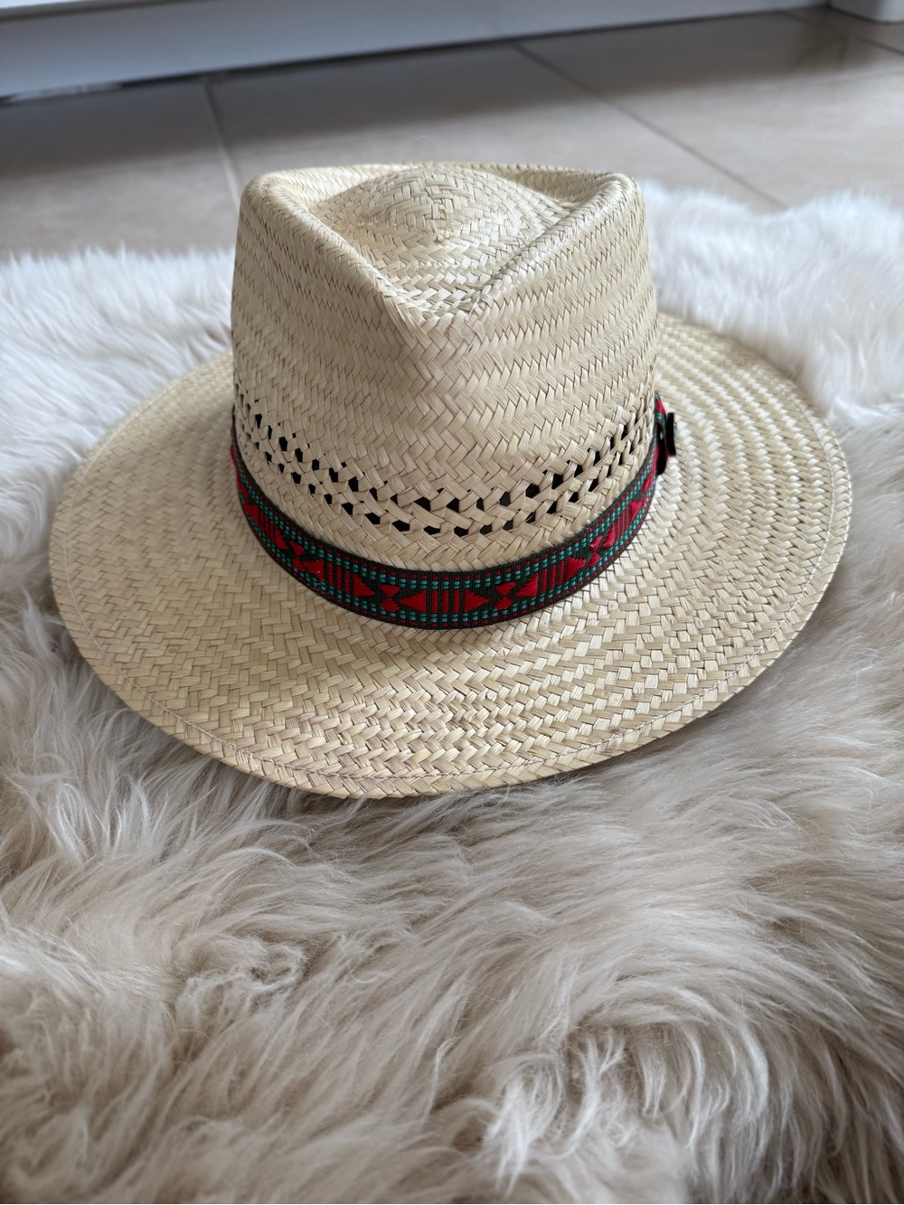 Straw Hat with Red & Green Geometric Band